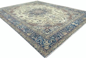 Antique Muted Cream Floral 10X13 Distressed Vintage Oriental Rug