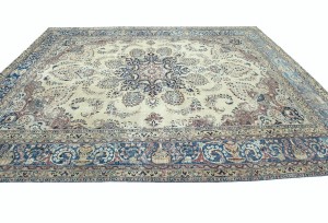 Antique Muted Cream Floral 10X13 Distressed Vintage Oriental Rug