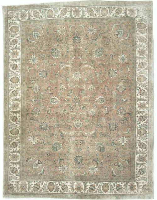 Antique Muted Peach Floral 10X13 Distressed Vintage Oriental Rug