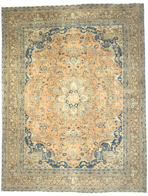 Antique Muted Peach Floral 9'5X12'4 Distressed Vintage Oriental Rug