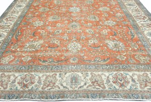 Antique Muted Orange Floral 10X13 Distressed Vintage Oriental Rug