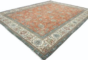 Antique Muted Orange Floral 10X13 Distressed Vintage Oriental Rug