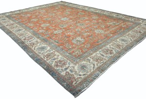 Antique Muted Orange Floral 10X13 Distressed Vintage Oriental Rug