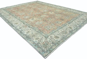 Antique Muted Orange Floral 9'5X12'7 Distressed Vintage Oriental Rug