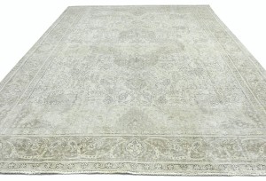 Antique Muted Beige Floral 9'6X12'5 Distressed Vintage Oriental Rug
