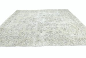 Antique Muted Beige Floral 9X11'5 Distressed Vintage Oriental Rug