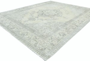 Antique Muted Beige Floral 9X12 Distressed Vintage Oriental Rug