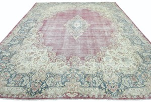 Antique Muted Red Floral 10X13 Distressed Vintage Oriental Rug