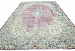 Antique Muted Red Floral 10X13 Distressed Vintage Oriental Rug