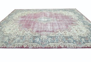 Antique Muted Red Floral 10X13 Distressed Vintage Oriental Rug