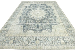 Antique Muted Navy Floral 9'5X12'9 Distressed Vintage Oriental Rug