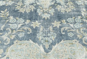 Antique Muted Navy Floral 9'5X12'9 Distressed Vintage Oriental Rug