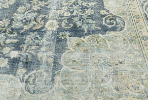 Antique Muted Navy Floral 9'5X12'9 Distressed Vintage Oriental Rug