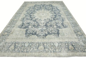 Antique Muted Navy Floral 9'5X12'9 Distressed Vintage Oriental Rug