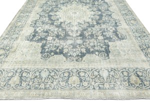 Antique Muted Navy Floral 9'5X12'9 Distressed Vintage Oriental Rug