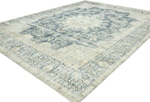 Antique Muted Navy Floral 9'5X12'9 Distressed Vintage Oriental Rug