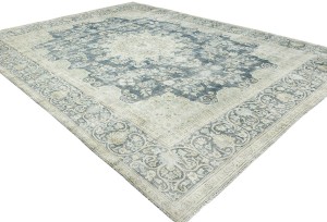 Antique Muted Navy Floral 9'5X12'9 Distressed Vintage Oriental Rug