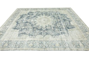 Antique Muted Navy Floral 9'5X12'9 Distressed Vintage Oriental Rug