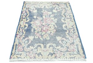Antique Muted Navy Floral 1'5X2 Distressed Vintage Oriental Rug