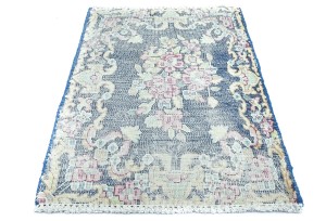 Antique Muted Navy Floral 1'5X2 Distressed Vintage Oriental Rug