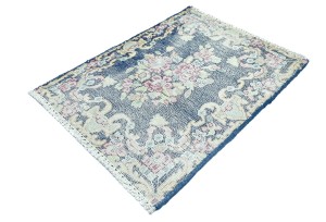 Antique Muted Navy Floral 1'5X2 Distressed Vintage Oriental Rug