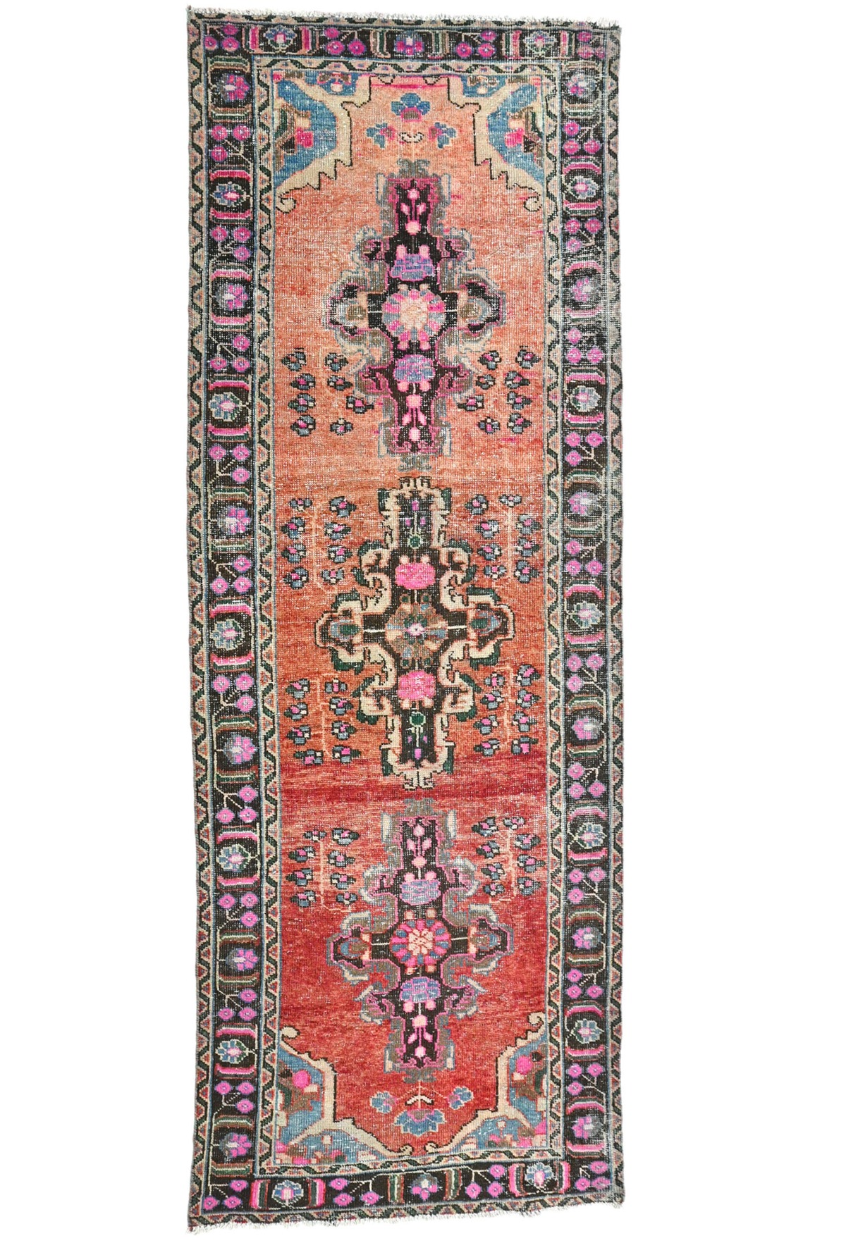 Antique Muted Red Tribal 4X10 Distressed Vintage Oriental Runner Rug