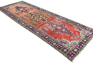 Antique Muted Red Tribal 4X10 Distressed Vintage Oriental Runner Rug