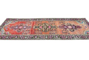 Antique Muted Red Tribal 4X10 Distressed Vintage Oriental Runner Rug
