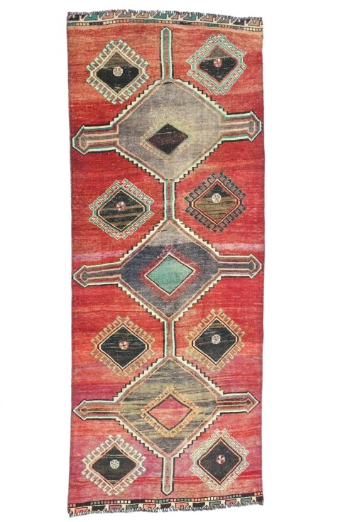 Antique Muted Red Tribal 4X9 Distressed Vintage Oriental Runner Rug