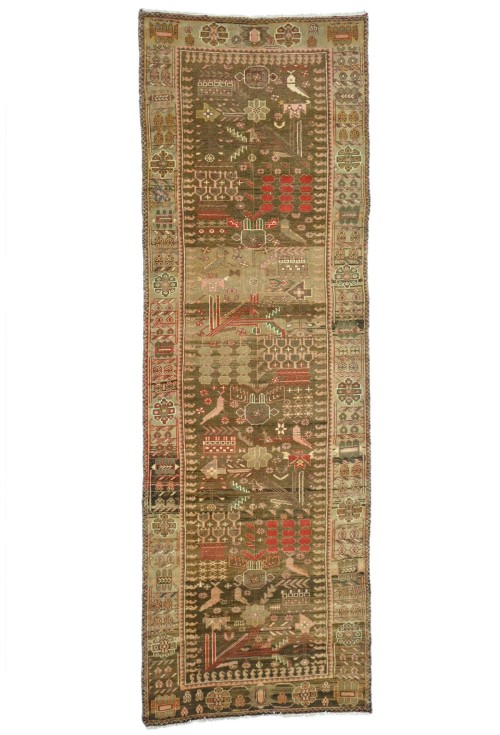 Antique Muted Brown Tribal 3'4X9'8 Distressed Vintage Oriental Runner Rug