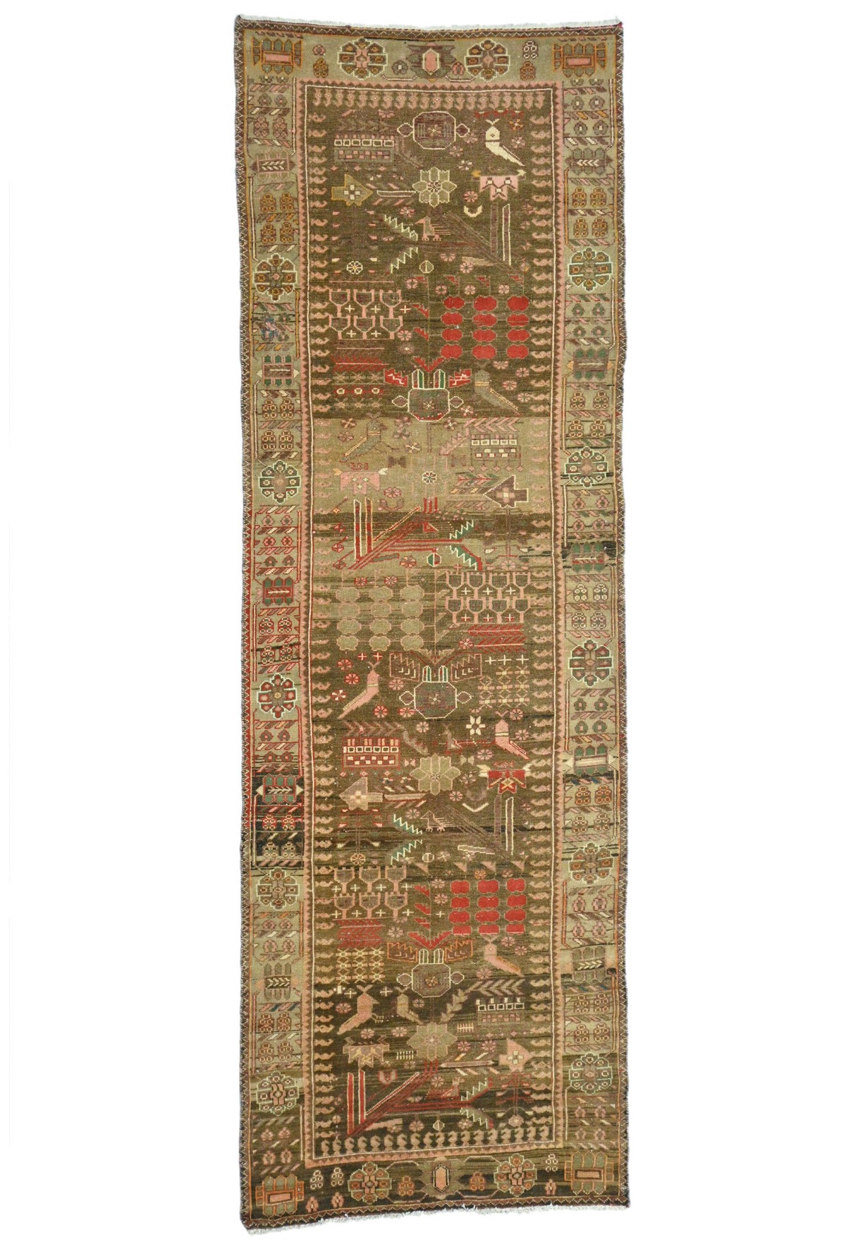 Antique Muted Brown Tribal 3'4X9'8 Distressed Vintage Oriental Runner Rug