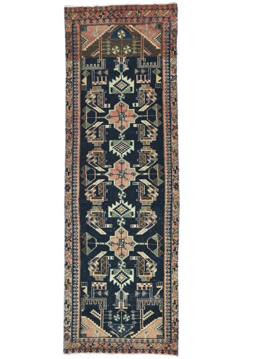 Antique Muted Navy Tribal 3X10 Distressed Vintage Oriental Runner Rug