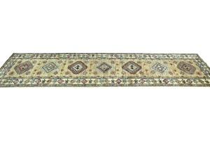 Beige Tribal Geometric 2'7X9'6 Kazak Pakistan Oriental Runner Rug