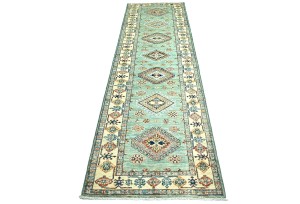 Aqua Tribal Geometric 2'7X9'4 Kazak Pakistan Oriental Runner Rug