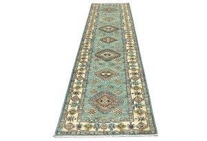 Aqua Tribal Geometric 2'7X9'4 Kazak Pakistan Oriental Runner Rug