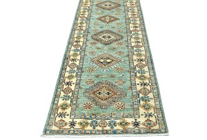 Aqua Tribal Geometric 2'7X9'4 Kazak Pakistan Oriental Runner Rug