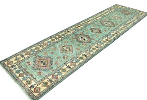 Aqua Tribal Geometric 2'7X9'4 Kazak Pakistan Oriental Runner Rug