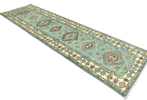 Aqua Tribal Geometric 2'7X9'4 Kazak Pakistan Oriental Runner Rug