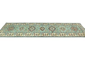 Aqua Tribal Geometric 2'7X9'4 Kazak Pakistan Oriental Runner Rug
