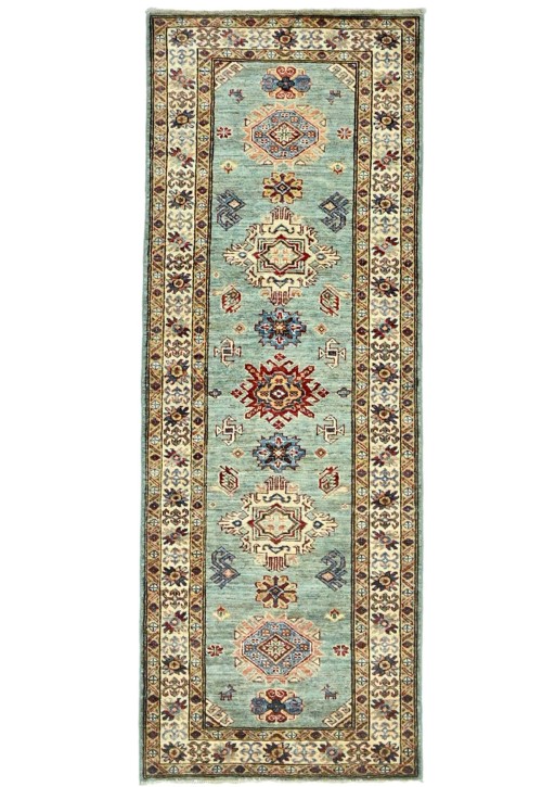 Turquoise Tribal Geometric 3X7 Kazak Pakistan Oriental Runner Rug