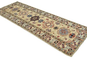 Beige Tribal Geometric 2'4X6'7 Kazak Pakistan Oriental Runner Rug