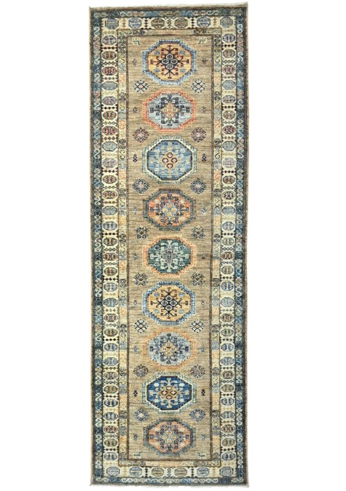 Khaki Tribal Geometric 3X8 Kazak Pakistan Oriental Runner Rug