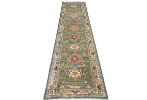 Khaki/Brown Tribal Geometric 3X11 Kazak Pakistan Oriental Runner Rug