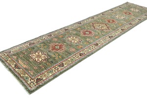 Khaki/Brown Tribal Geometric 3X11 Kazak Pakistan Oriental Runner Rug