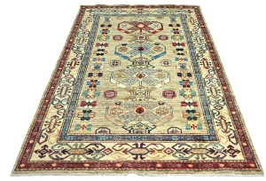 Beige Tribal Geometric 4X6 Kazak Pakistan Oriental Rug