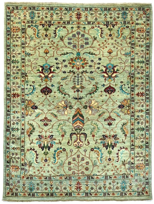 Light Green Tribal Floral 5X6 Kazak Peshawar Oriental Rug