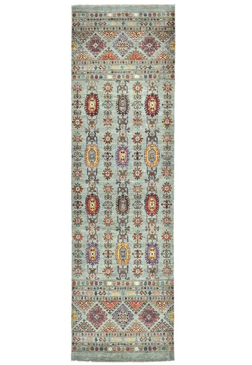 Light Blue Tribal Floral 3X10 Kazak Peshawar Oriental Runner Rug