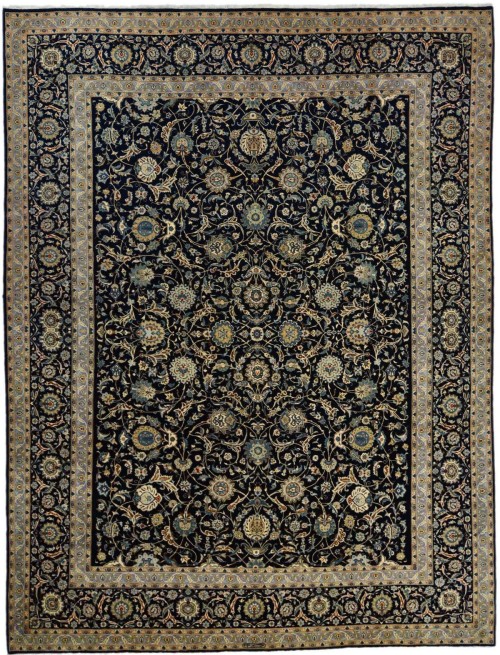 Vintage Dark Navy Traditional 10X13 Kashan Persian Rug