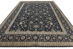 Vintage Dark Navy Traditional 10X13 Kashan Persian Rug