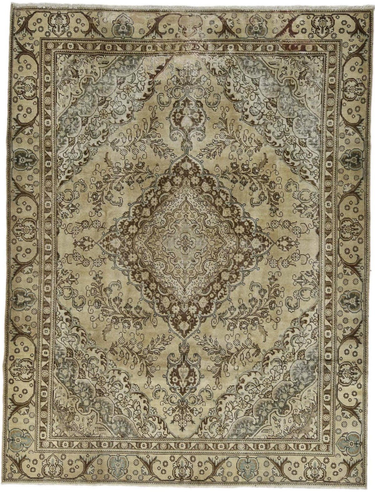Muted Traditional Floral 9X12 Distressed Tabriz Persian Rug